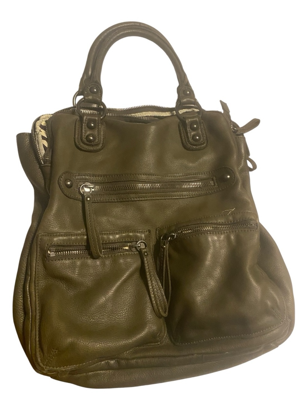 Linea Pelle Olive green large tote with zebra lining